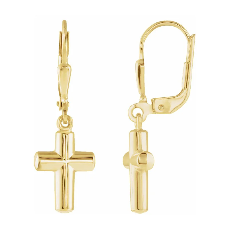 gemstone stud earrings for women -14K Yellow Gold Hollow Cross Lever Back Earrings, 9 x 31mm