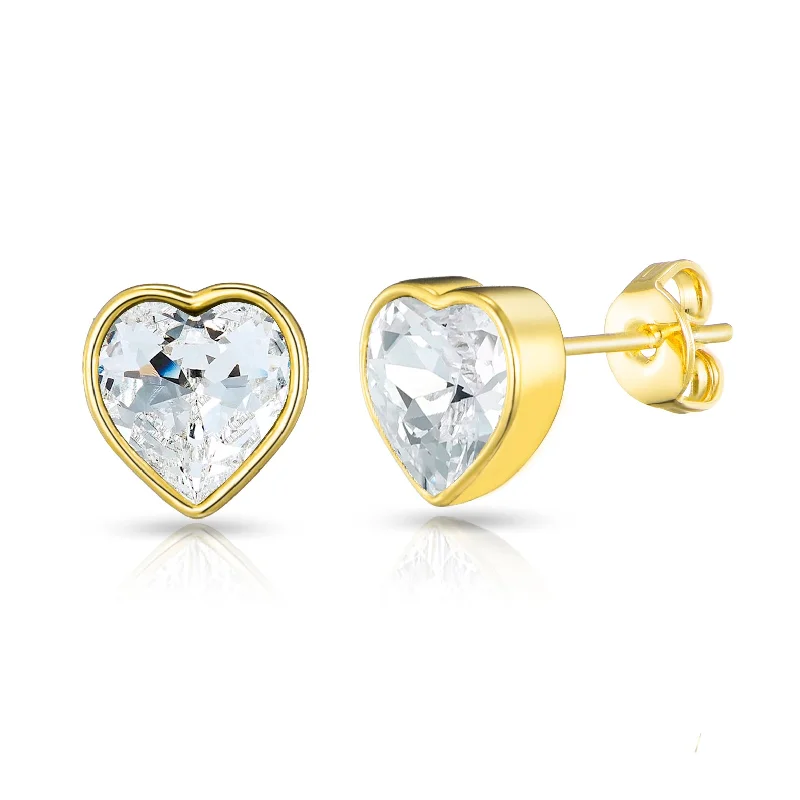 silver earrings for women -Gold Plated Bezel set Heart Earrings Created with Zircondia® Crystals