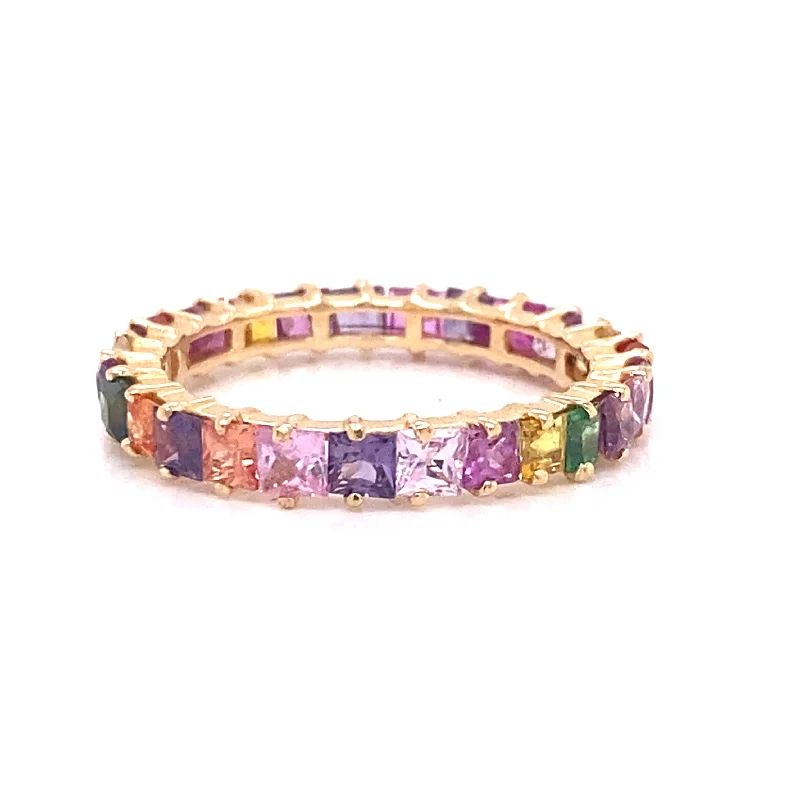 luxury rings for women -Multicolor Sapphire Squares Stacking Ring In 18K Yellow Gold