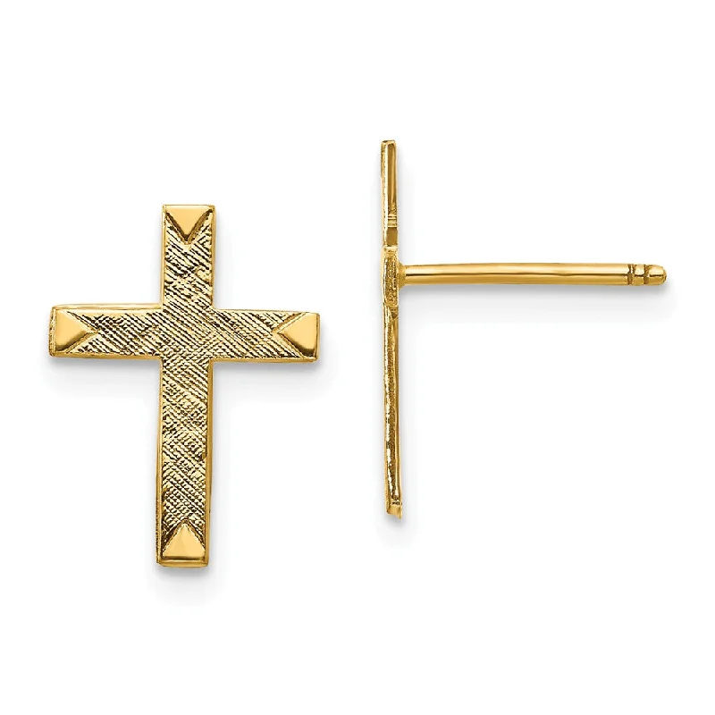 gold drop earrings for women -13mm Brushed Finish Cross Post Earrings in 14k Yellow Gold