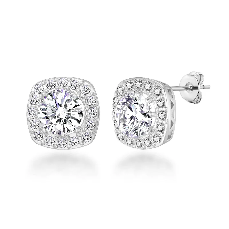 clip-on earrings for women -Silver Plated Square Halo Earrings Created with Zircondia® Crystals