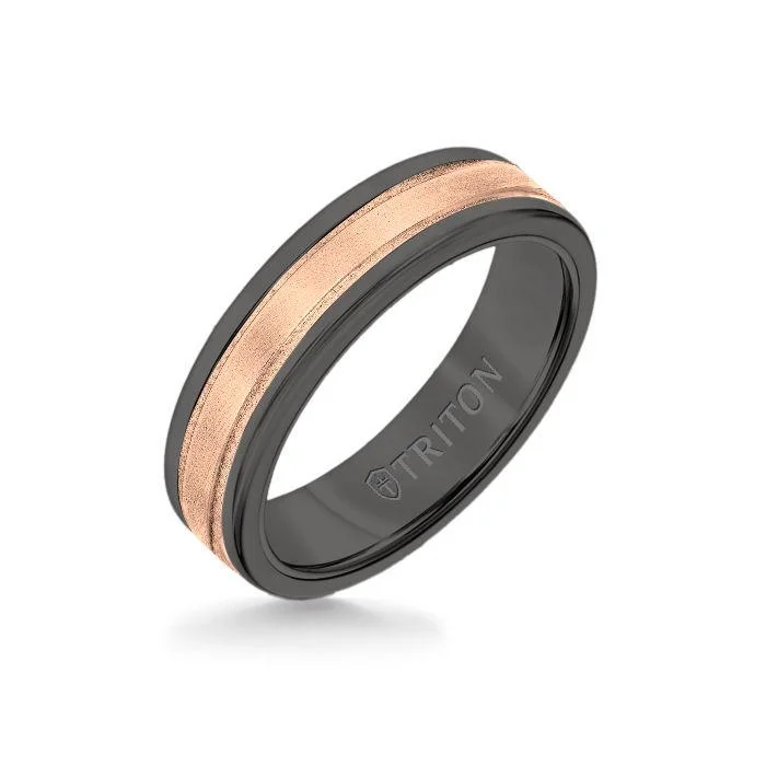 custom gold rings -6MM Black Tungsten Carbide Ring - Step Edge 14K Rose Gold Insert with Round Edge