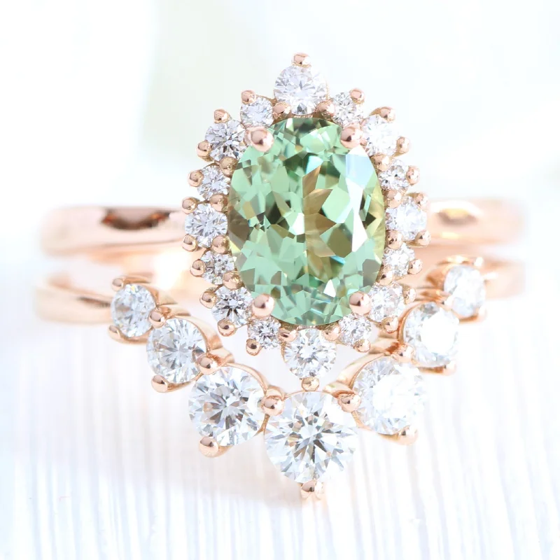 luxury rings for women -Tiara Halo Oval Ring Bridal Set w/ Green Sapphire and Large 7 Diamond U Band