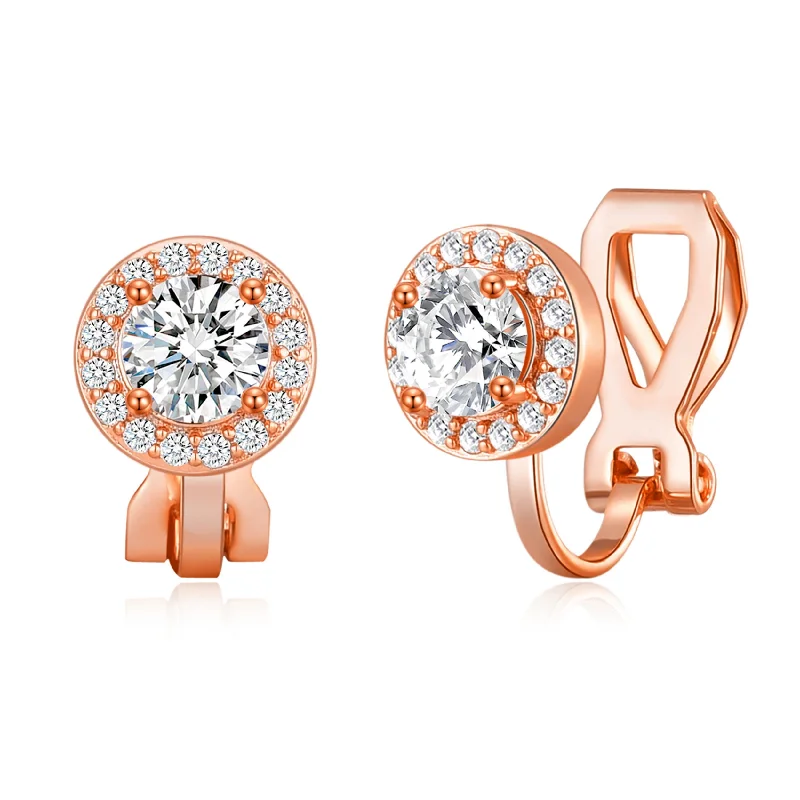 gold stud earrings for women -Rose Gold Plated Round Halo Clip On Earrings Created with Zircondia® Crystals