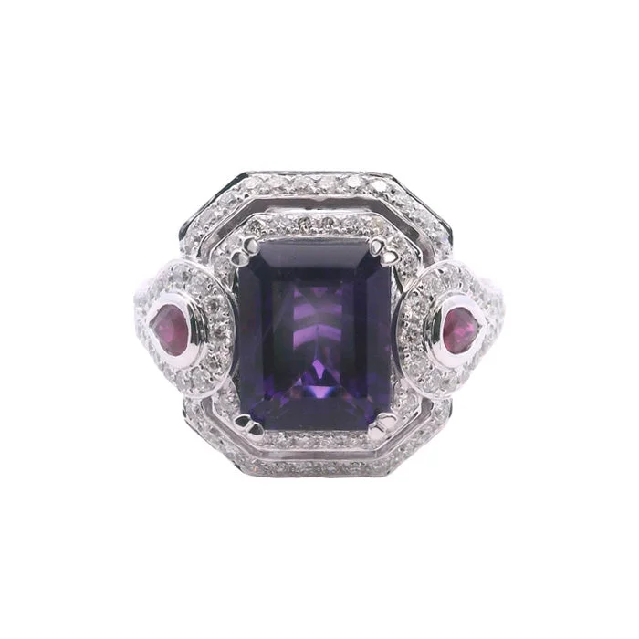 gold statement rings -Charles Krypell Pastel Collection Amethyst Double Halo Ring with Rubies and Diamonds in 18K White Gold