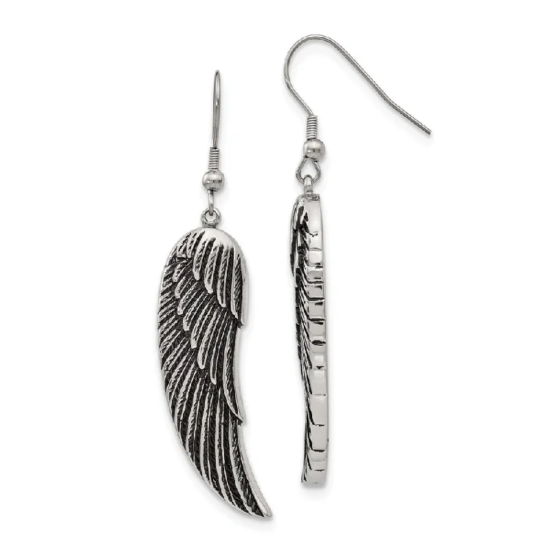 custom earrings for women -Large Antiqued Textured Wing Dangle Earrings in Stainless Steel