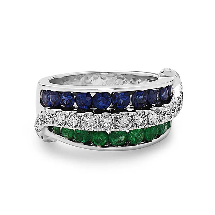 stylish wedding rings for women -Charles Krypell "Krypell Collection" Triple Row Ring with Diamonds, Sapphires and Emeralds in 18K White Gold