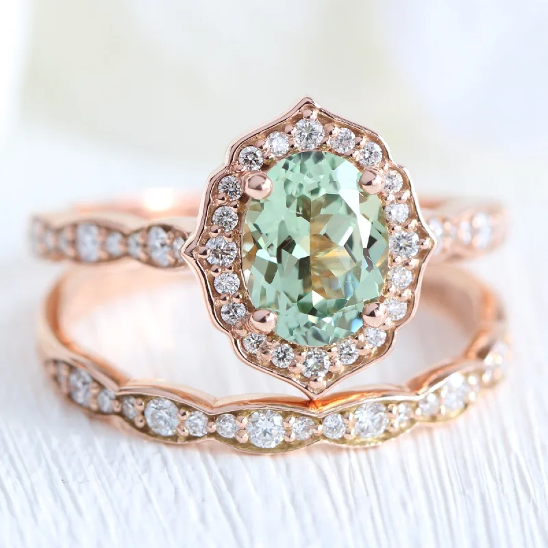 classic rings for women -Vintage Floral Oval Ring Bridal Set w/ Sea Foam Green Sapphire and Diamond