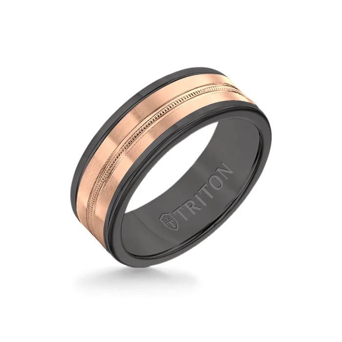 engraved rings for women -8MM Black Tungsten Carbide Ring - Center Milgrain 14K Rose Gold Insert with Round Edge