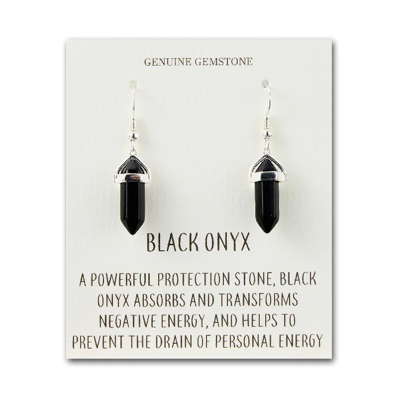 rhinestone earrings for women -Black Onyx Gemstone Drop Earrings with Quote Card