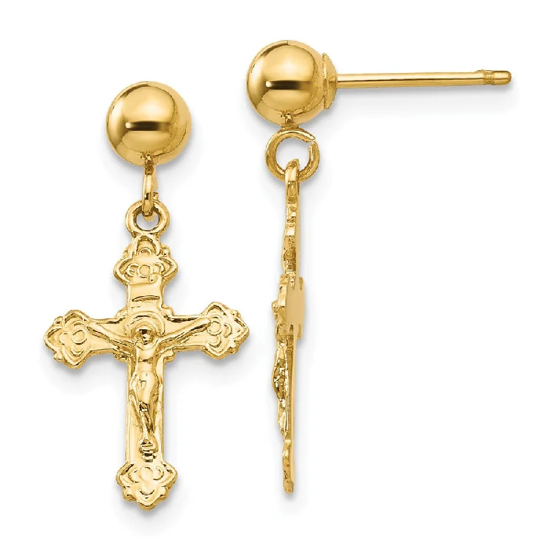 chic hoop earrings for women -Polished Crucifix Dangle Post Earrings in 14k Yellow Gold