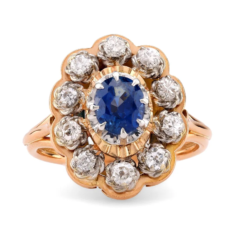 classic rings for women -Retro Sapphire Diamond 18K Yellow and White Gold Cluster Ring