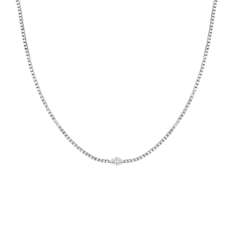 zodiac necklaces for women -Straight Line Round Brilliant tennis Necklace with Marquise Shape Accent Stone