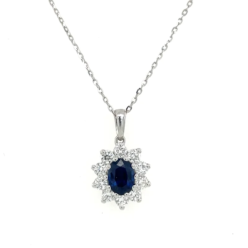 gemstone pendant necklaces for women -18ct White Gold 1.47ct Sapphire and Diamond Halo Necklace