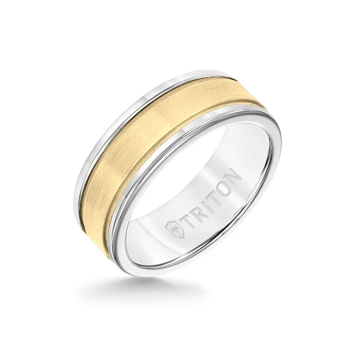 unique gold rings for women -8MM White Tungsten Carbide Ring - Step Edge 14K Yellow Gold Insert with Round Edge