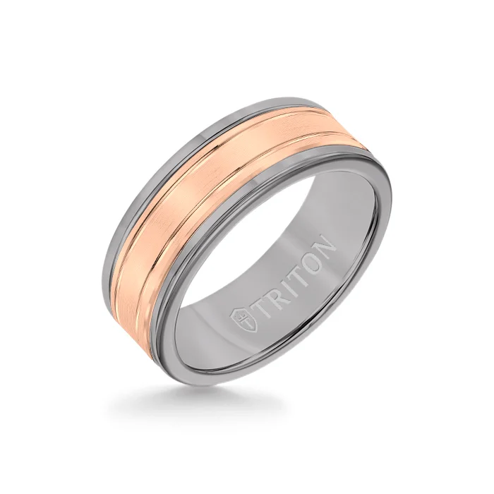 promise rings for her -8MM Grey Tungsten Carbide Ring - Double Engraved 14K Rose Gold Insert with Round Edge