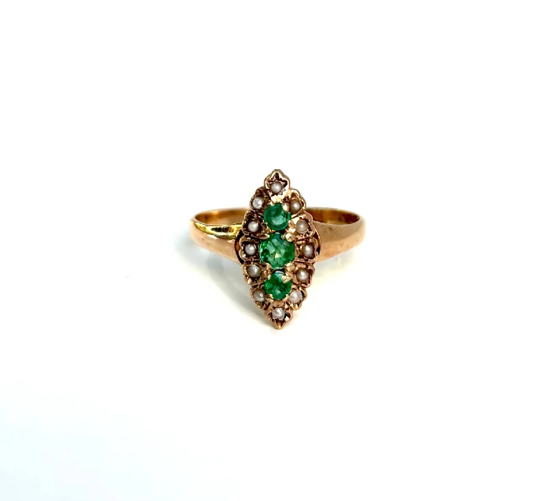 unique gold rings for women -Emerald Navette Ring - Circa 1910