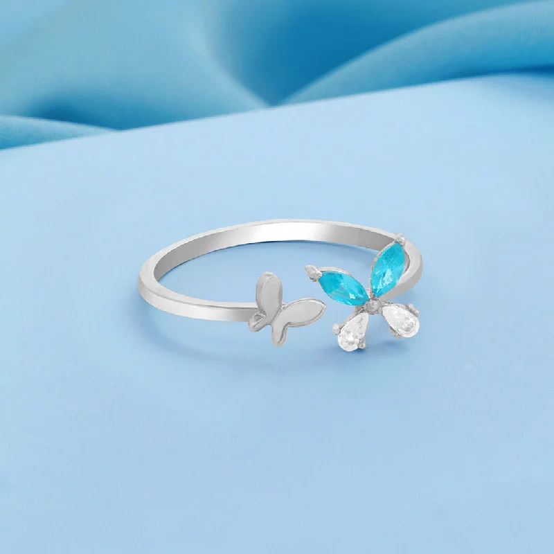 gemstone wedding rings -Blue Butterfly Rhodium Plated 925 Sterling Silver Ring