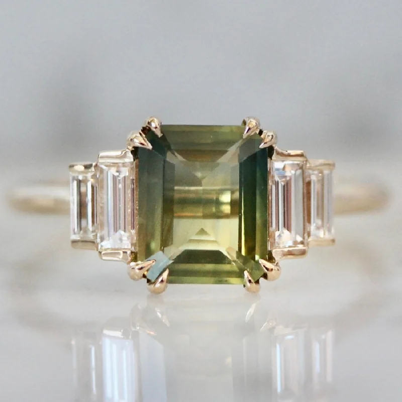 vintage diamond rings -Golden Lime Emerald Cut Opalescent Sapphire Ring