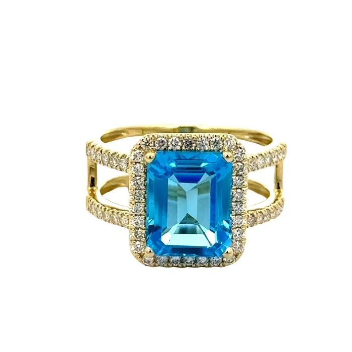 black diamond rings -Mountz Collection Blue Topaz Double Shank Ring with Diamond Halo in 14K Yellow Gold