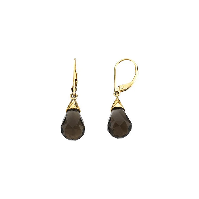 casual earrings for women -Briolette Smoky Quartz Lever Back Earrings in 14k Yellow Gold