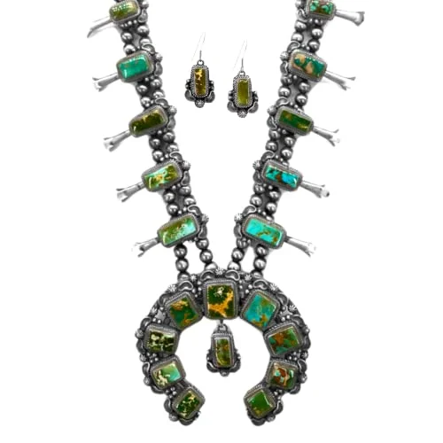 art deco necklaces for women -Genuine Royston Turquoise Statement Squash Blossom Necklace Set, Sterling Silver, Navajo Native American Tribe Handmade, Artist Signed, Extra Large