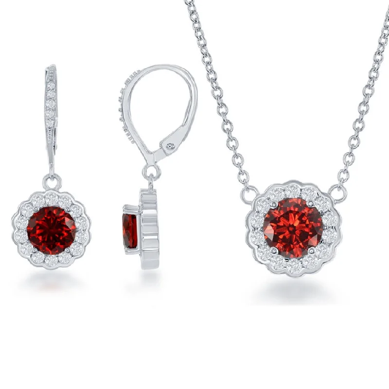 diamond necklaces for women -Sterling Silver Birthstone w/ CZ Border Round Necklace and Earrings Set