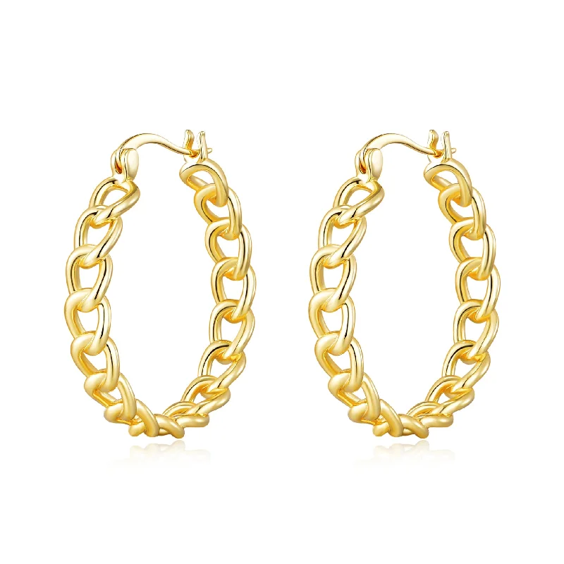 artistic earrings for women -Gold Plated Link Hoop Earrings