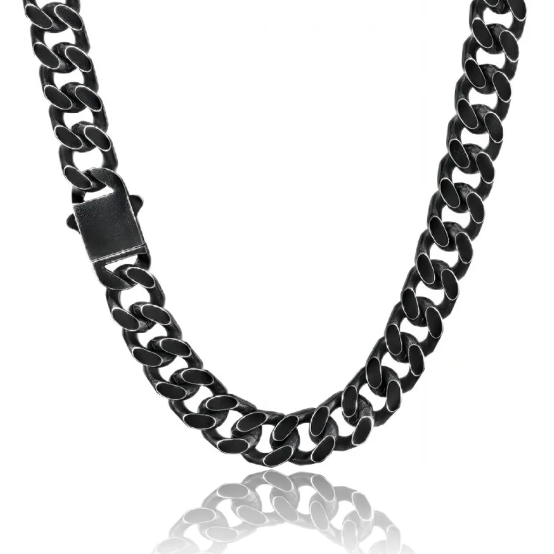 engraved silver necklaces for women -BLACK & PROUD™ - Black Curb Cuban Link Chain - 14mm