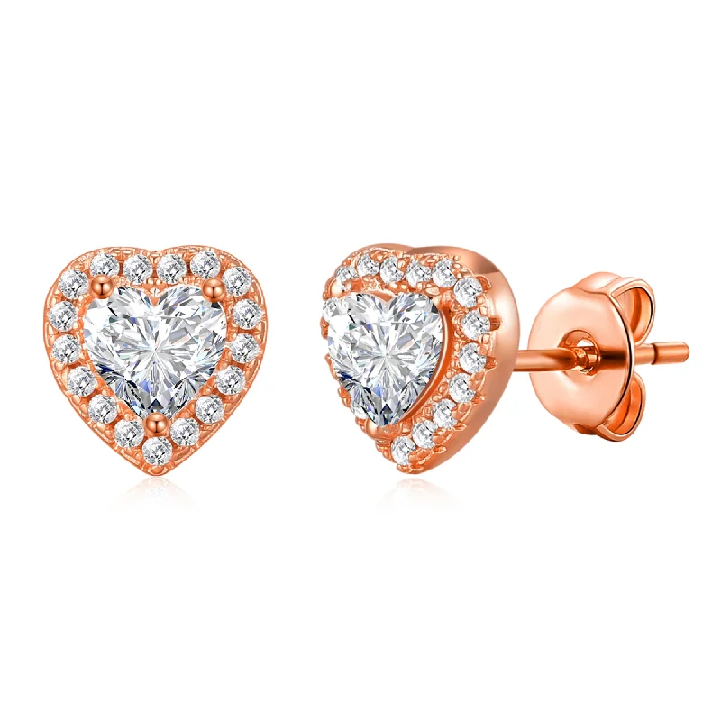 handmade silver earrings for women -Rose Gold Plated Heart Halo Earrings Created with Zircondia® Crystals