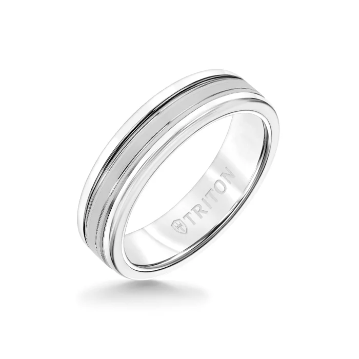 pearl rings for women -6MM White Tungsten Carbide Ring - Double Engraved 14K White Gold Insert with Round Edge