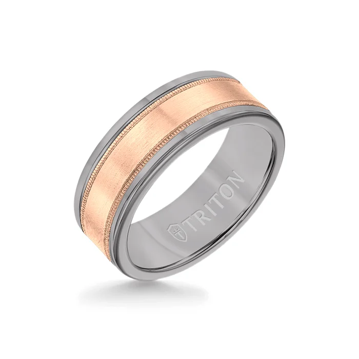 men’s style rings for women -8MM Grey Tungsten Carbide Ring - Flat Milgrain 14K Rose Gold Insert with Round Edge