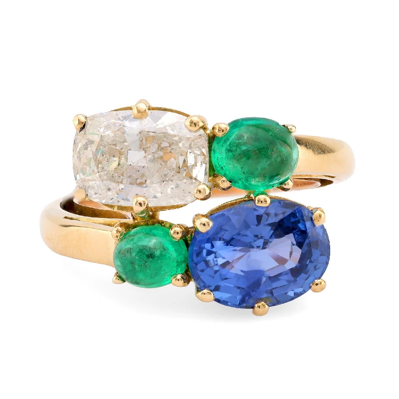 engagement ring sets -French GIA Sapphire & GIA Diamond Emerald 18K Toi Et Moi Ring