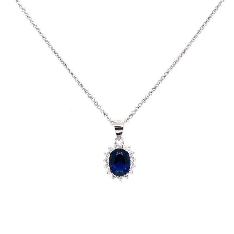 sparkling necklaces for women -Sterling Silver Sapphire Oval & CZ Halo Necklace