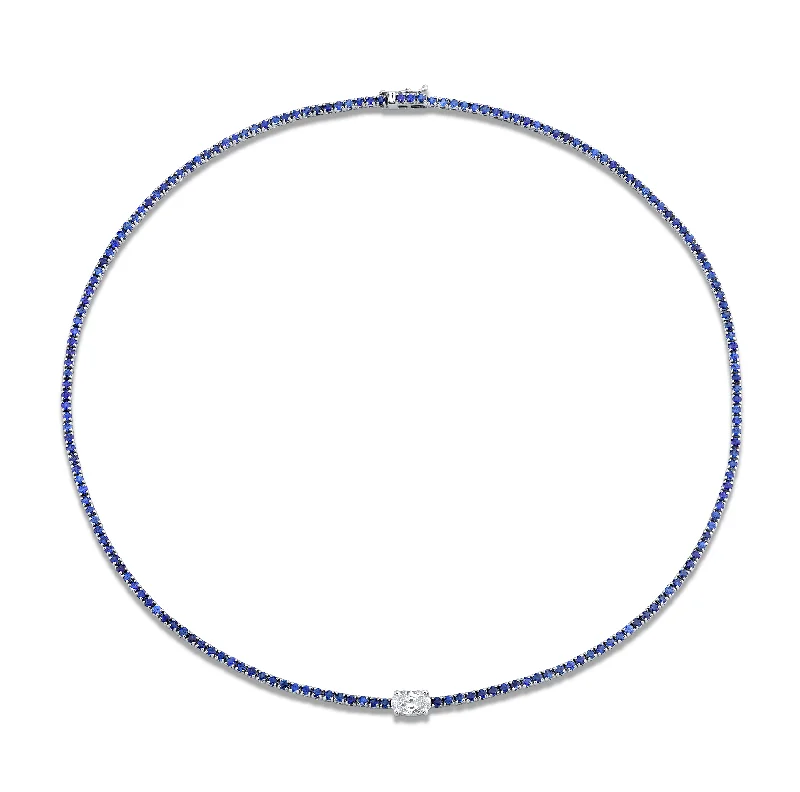 elegant pearl necklaces for brides -Straight Line Sapphire Necklace with Diamond Accent