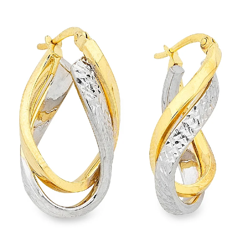 bold gold earrings for women -9ct Two Tone Gold Silver Infused Double Twist Earrings