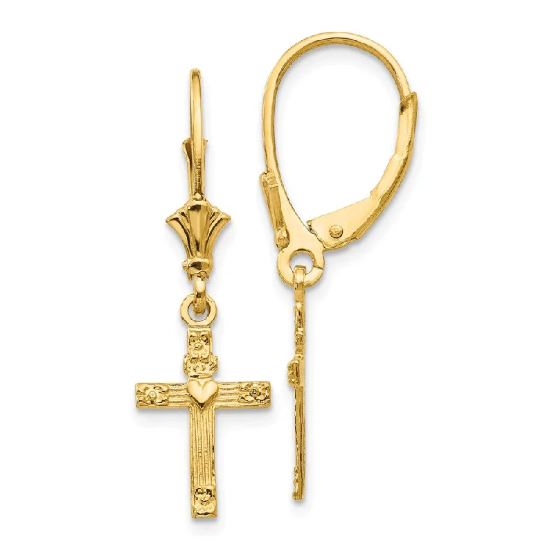 big hoop earrings for women -13mm Textured Cross with Heart Lever Back Earrings in 14k Yellow Gold