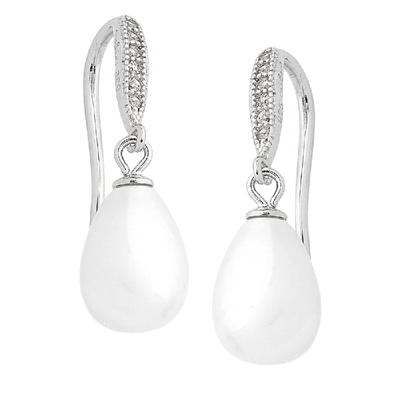 trendy statement earrings for women -Sterling Silver Shell Pearl Cubic Zirconia Drop Earrings