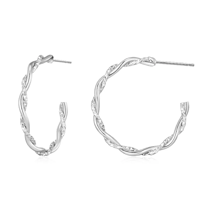 drop earrings for women -Silver Plated 30mm Twisted Diamond Cut Hoop Earrings