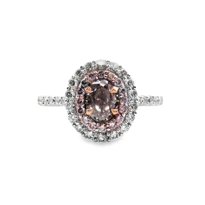 white gold rings for women -Charles Krypell Oval Pink Diamond Double Halo Ring in 18K White and Rose Gold