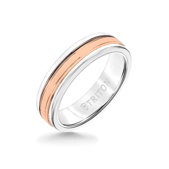 diamond rings for brides -6MM White Tungsten Carbide Ring - Double Engraved 14K Rose Gold Insert with Round Edge