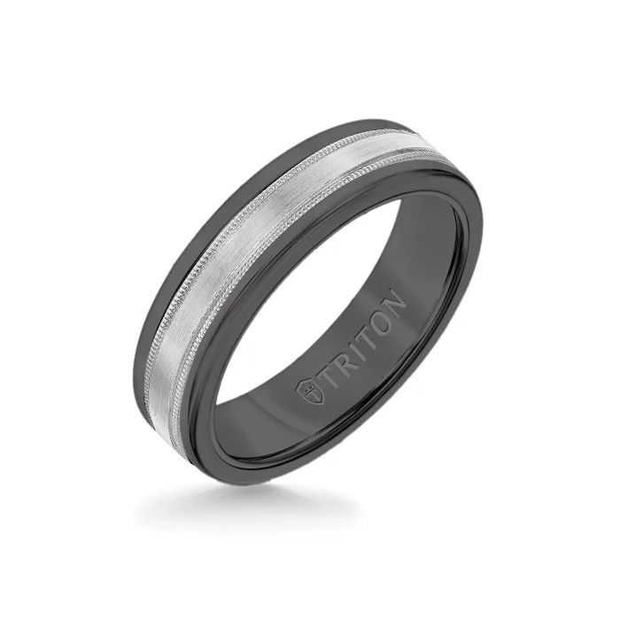 sapphire wedding rings -6MM Black Tungsten Carbide Ring - Flat Milgrain 14K White Gold Insert with Round Edge