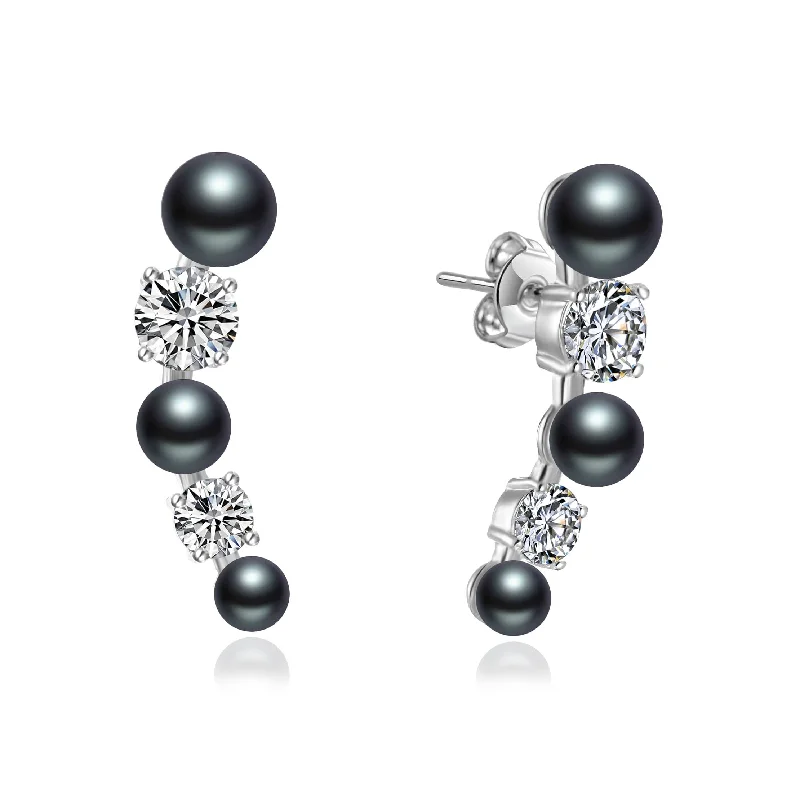 birthday gift earrings for women -Black Pearl Climber Earrings Created with Zircondia® Crystals