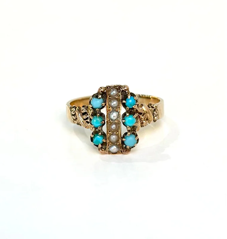 classic wedding rings for women -Engraved Turquoise and Pearl Ring