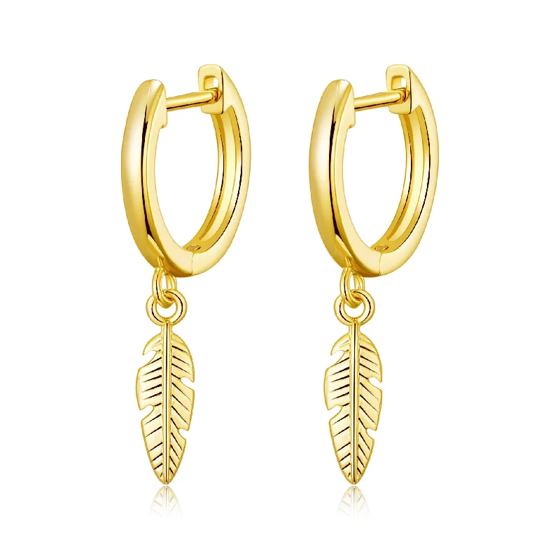 vintage rhinestone earrings -Gold Plated Feather Charm Hoop Earrings