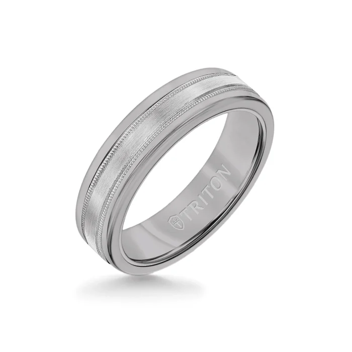 vintage diamond rings -6MM Grey Tungsten Carbide Ring - Flat Milgrain 14K White Gold Insert with Round Edge