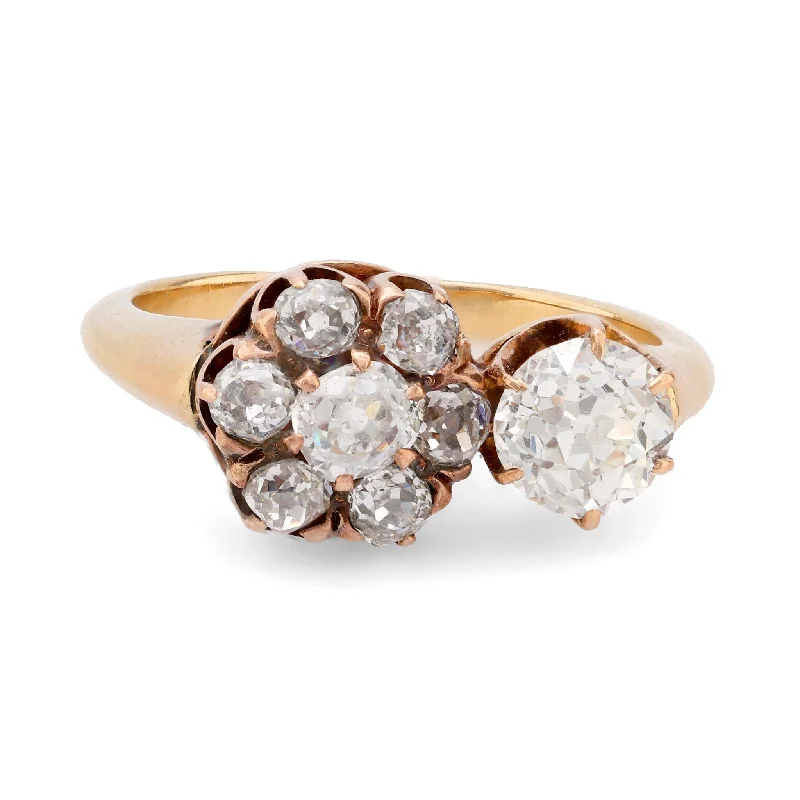 bridal rings for brides -Victorian 1.20 carat total weight diamond 14k yellow gold cluster ring