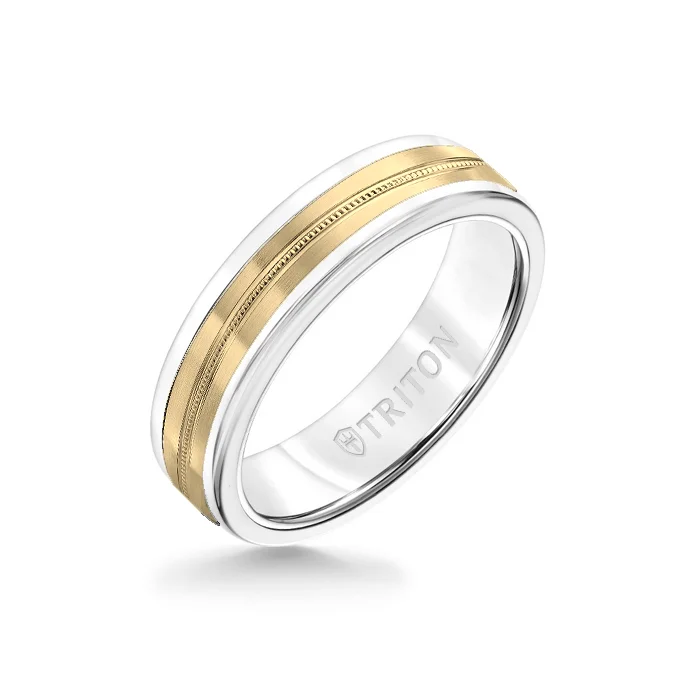 cocktail rings for women -6MM White Tungsten Carbide Ring - Center Milgrain 14K Yellow Gold Insert with Round Edge