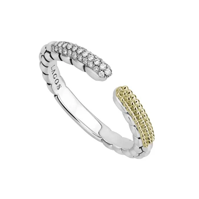 vintage wedding rings -LAGOS Diamond Open Caviar Lux Stackable Ring in Sterling Silver and 18K Yellow Gold