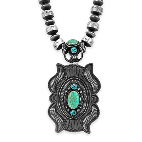 bohemian style necklaces for women -Genuine Turquoise Statement Necklace with Navajo Pearls, Navajo Native American Tribe Handmade, Sterling Silver, Artisan Signed